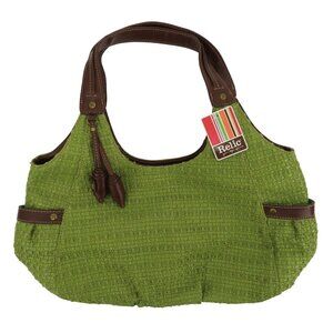 Y2K Relic Green Tweed Faux Brown Leather Hobo Shoulder Handbag Purse Bag NEW NWT